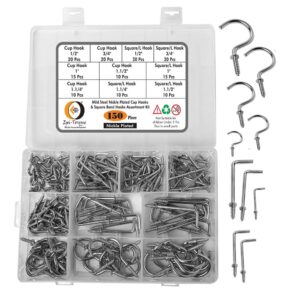 150-Pieces Nickle Plated Screw-in Ceiling Cups Hooks & Square Bend Hooks Assortment Set Kit for Hanging