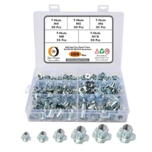 180 Pcs M4 5 6 8 10 Zinc Plated Steel T Nuts Four Claw Nuts Assortment Kit for Wood Rock Climbing Holds Cabinetry Furniture
