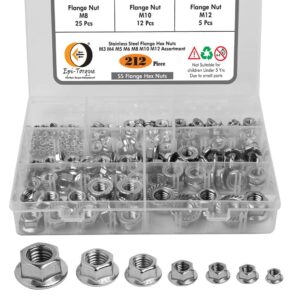 212 Pcs Stainless Steel Serrated Hex Flange Nuts Flange Metric Hex Lock Nuts Assortment Kit (M3 M4 M5 M6 M8 M10 M12)