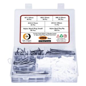 290 Pcs Stainless Steel Flat Slotted Head Wooden Screws Different sizes With Matching Rawl Plugs Assortment Pack