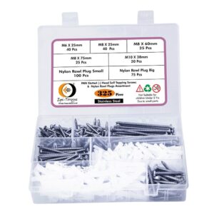 325 Pcs Stainless Steel PAN Slotted Head Screws Different sizes With Matching Rawl Plugs Assortment Pack