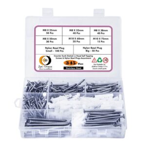 345 Pcs Stainless Steel CSK Slotted Head Screws Different sizes With Matching Rawl Plugs Assortment Pack