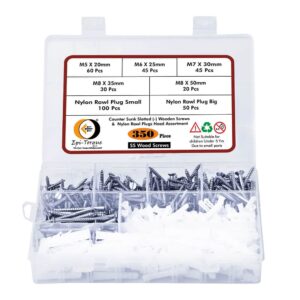 350 Pcs Stainless Steel Flat Slotted Head Wooden Screws Different sizes With Matching Rawl Plugs Assortment Pack