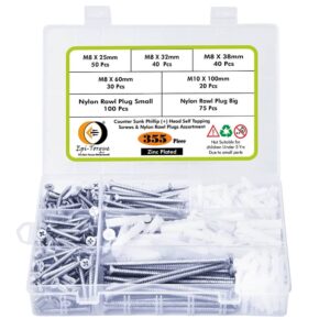 355 Pcs CSK Phillip Plus Head Zinc Plated Screws Different sizes With Matching Rawl Plugs Assortment Pack