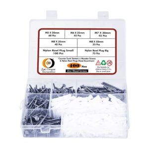 400 Pcs Counter Sunk Slotted Minus Head Half Threaded Zinc Plated Wood Screws Different sizes With Matching Rawl Plugs Assortment Pack