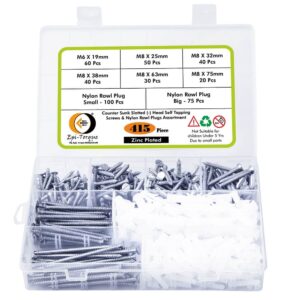 415 Pcs CSK Slotted Head Zinc Plated Screws Different sizes With Matching Rawl Plugs Assortment Pack