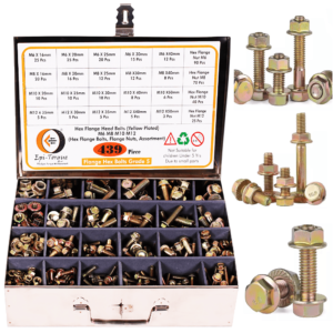 439 Pcs Mild Steel Yellow Plated M6, M8, M10, M12 Flange Bolts & Flange Nuts Assortment Pack