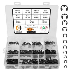 475 Pieces 11 Sizes Hi Tensile Black Alloy E-Clip 1.5mm-10mm External Retaining Ring Washer Assortment Pack