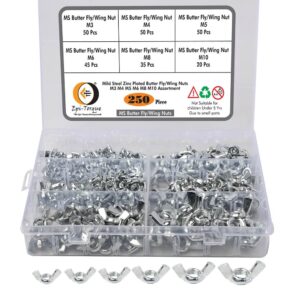 250 Pcs 7 Sizes Butterfly Wing Nuts Assortment Kit, M3 M4 M5 M6 M8 M10 Sizes Zinc Plated Wing Nuts Fasteners