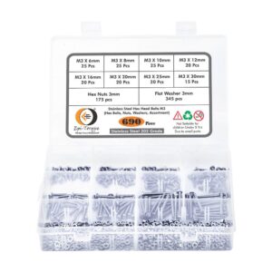 690 Pcs Stainless Steel M3 Dia Hex Head Bolts With Matching Accessories Assortment Pack