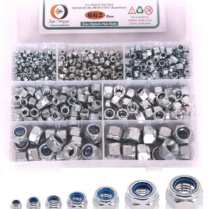 662 Pcs Mild Steel Zinc Plated Metric Nylon Insert Lock Nut 7 Sizes M3 - M12 Assortment Pack