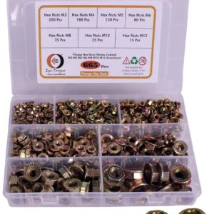 665 Pcs Mild Steel Yellow Plated Flange Nuts 7 Sizes M3-M12 Assortment Pack